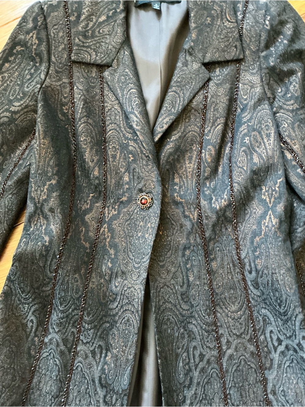 Carmen Marc Valvo Collection Black and Brown Pattern Long Coat, Beaded Detail, 2 - Picture 2 of 11